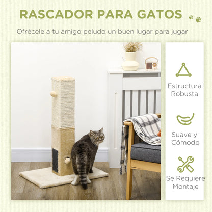 Pawhut Cat Scratching Post 79 cm Cat Scratcher with Hanging Ball Jute Post 59.5X39X79 cm Beige and Cream