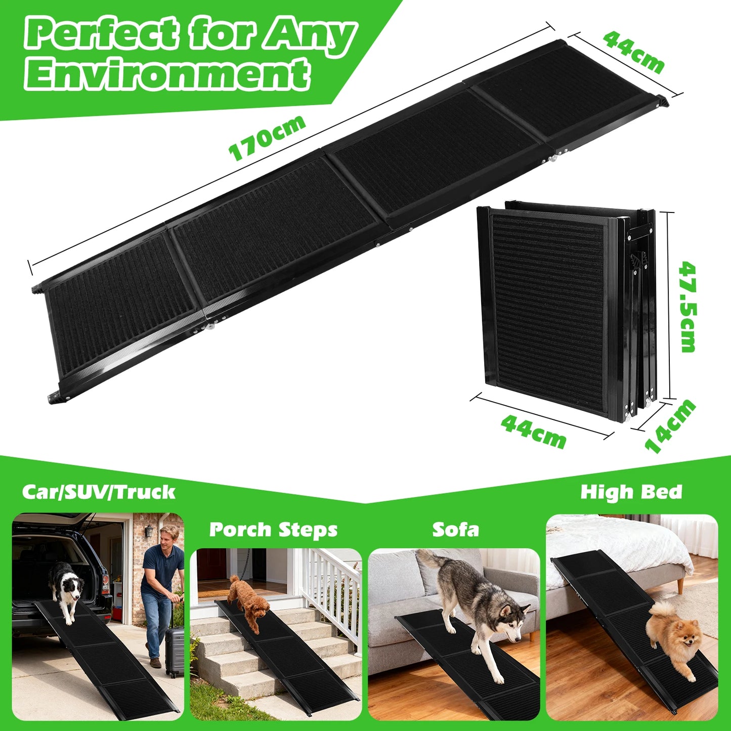 Nobleza Dog Ramp for Car 170X44 cm – Foldable in 4, Aluminum, Non-Slip Surface, Supports up to 80 kg – Ideal for Small, Medium and Large Dogs