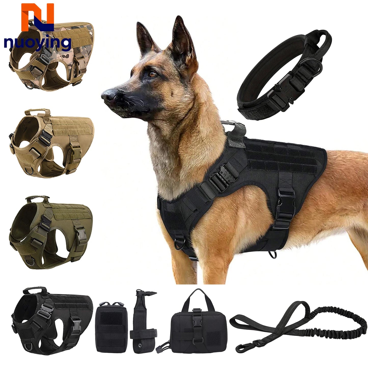 Adjustable Tactical Dog Harness Set, Military Vest with Leash for German Shepherd Golden Retriever, Training Harness All Breeds