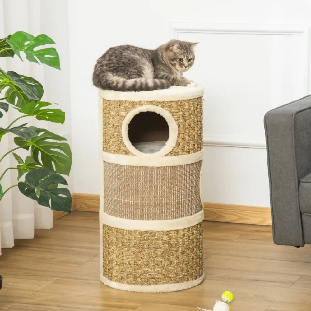 Cat Scratching Barrel Kitten Tree Tower Pet Furniture Climbing Frame Covered with Sisal&Seaweed Rope Cozy Platform Soft Plush