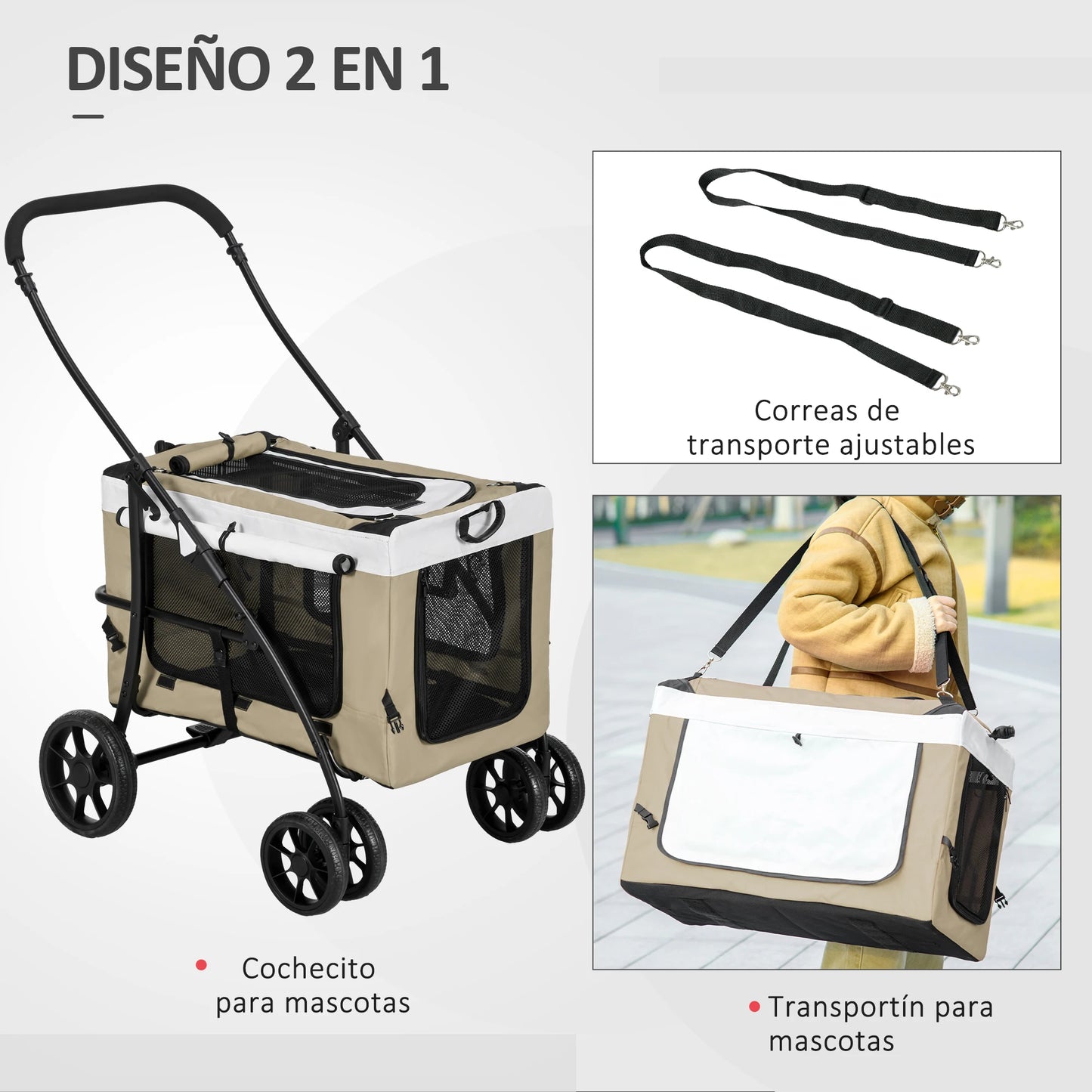 Pawhut Foldable Dog Stroller with Detachable Wagon 4 Doors with Zipper 2 Safety Straps and Cushion Khaki