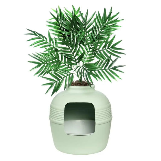 Hidden Cat Litter Box Enclosure with Artificial Plant, Decorative Round Planter, Removable Tray, Charcoal Filter Odor Control,