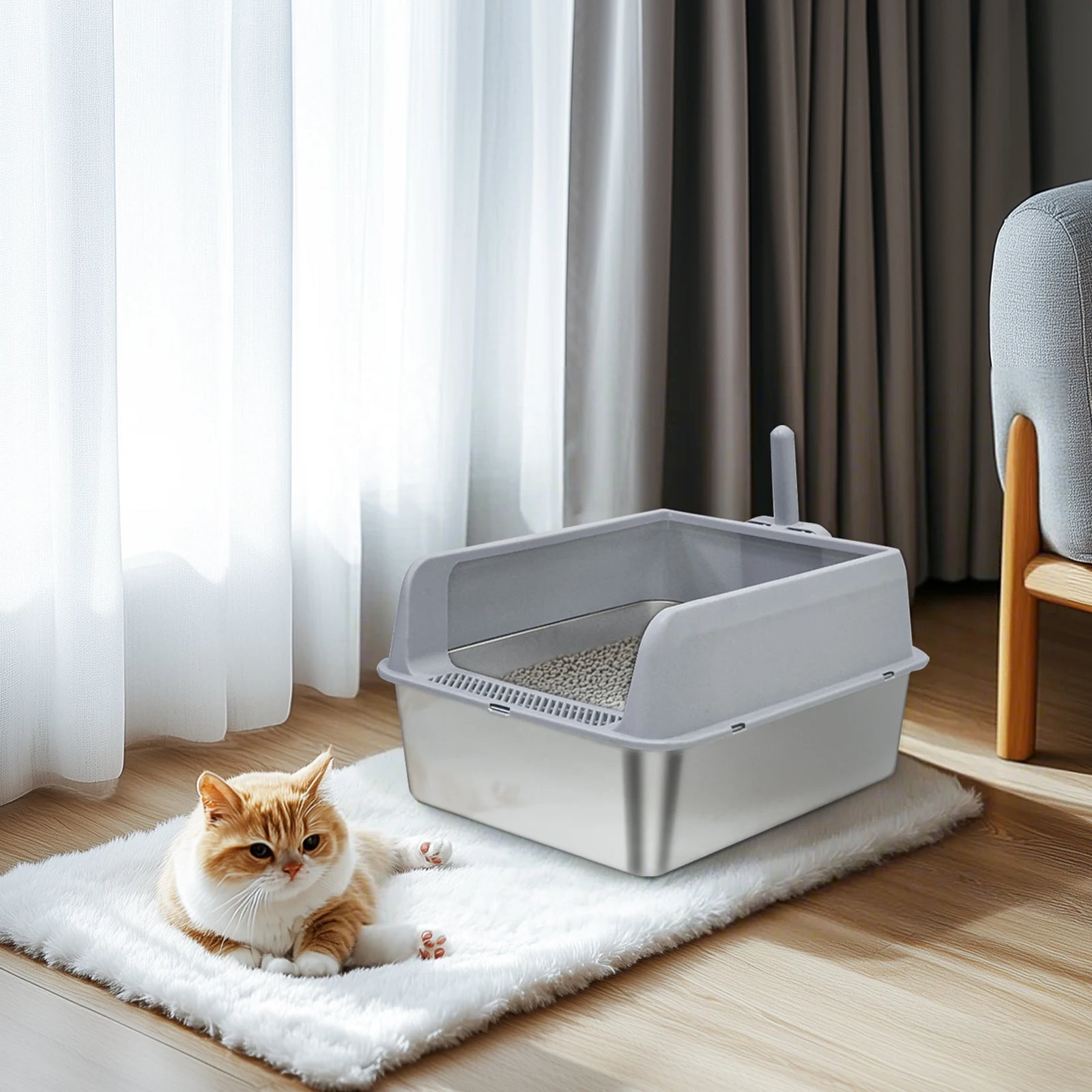 Stainless Steel Large Cat Litter Box Semi-Closed Cat Sandbox Potty with Scoop for Small/Medium Kittens,Odor-Proof,Easy Clean