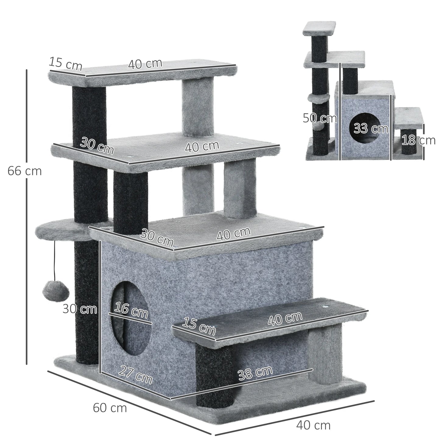 Pawhut Pawhut 4-Step Cat Stairs Adjustable Pet Step with Cave and Hanging Ball 60X40X66 cm Gray