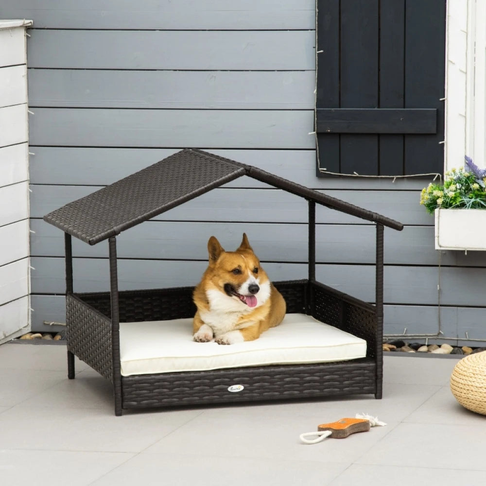 PINGGO Wicker Dog House, Rattan Pet Bed, with Removable Cushion, Canopy, for Small and Medium Dogs - Cream
