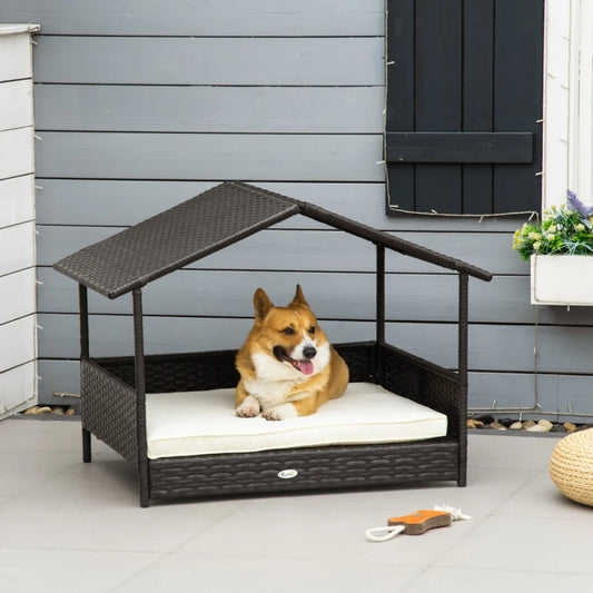 Rattan Dog Bed – Wicker Pet House with Canopy & Removable Cushion for Small & Medium Dogs