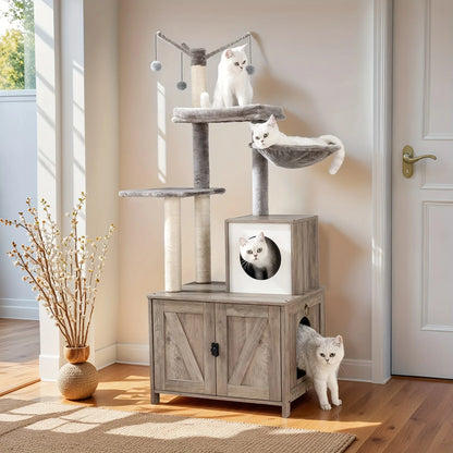 Cat Tree with Litter Box Enclosure, Hidden Pet Washroom Furniture with Sisal Scratching Post, Hammocks, Condo, Multi-Level Platform, Soft Plush Perch, Gray