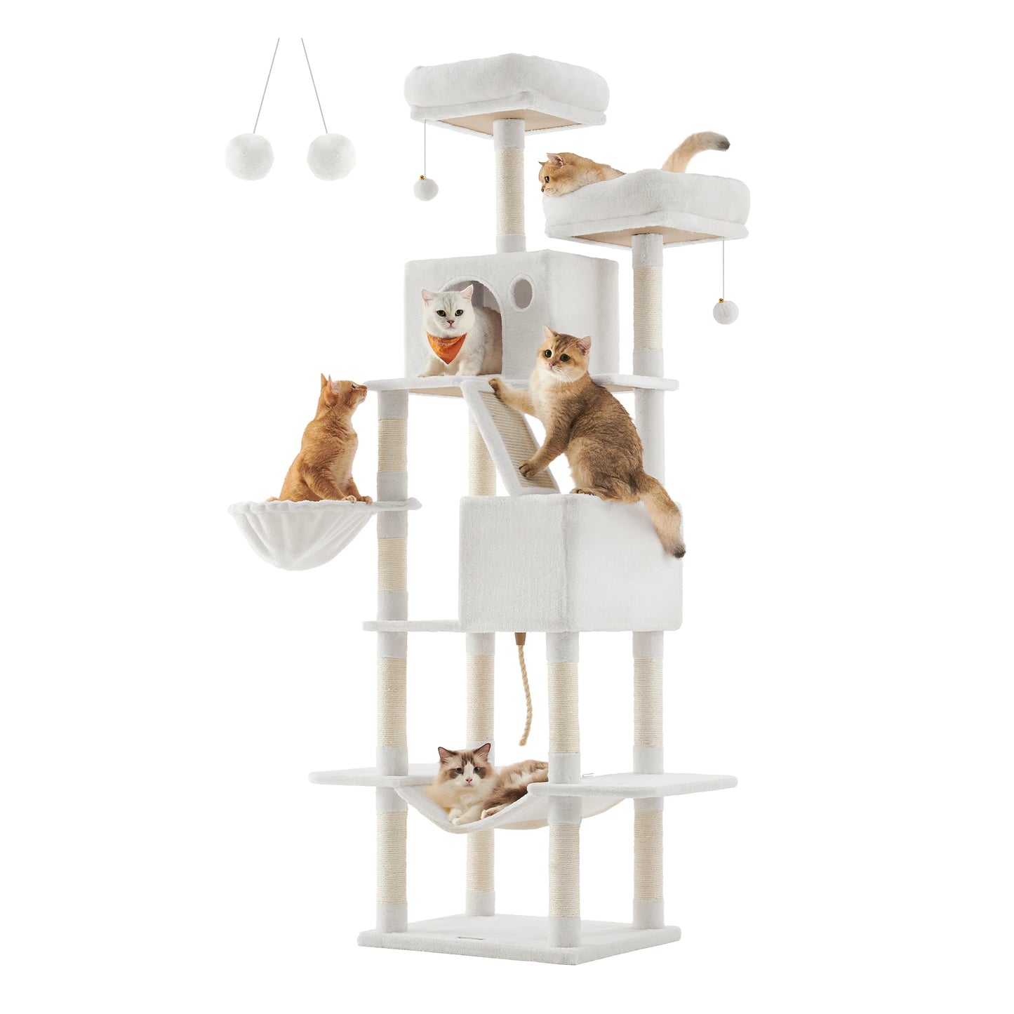 Feandrea scratching post Large, 206 cm High, XXL Cat Tree, with 13 Scratching Pillars, 2 Platforms, 2 Caves Basket hammock Plush balls