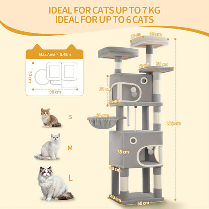 HZUANERI 180cm Multi-Level Cat Tree with 8 Scratching Posts, 3 Platforms, 2 Dens, Basket & Plush Balls - Durable Sisal Rope for Indoor Cats of All Sizes, Space-Saving Design for Climbing, Resting & Play, Cat Climbing Tower, Pet Activity Center, Modern Pet
