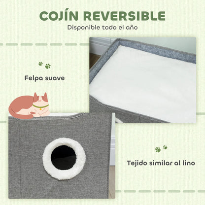 Pawhut Foldable Cat House with Scratching Post 3 Entrances Hanging Ball Reversible Cushion in Plush and Linen Type 60X40X34 cm Gray