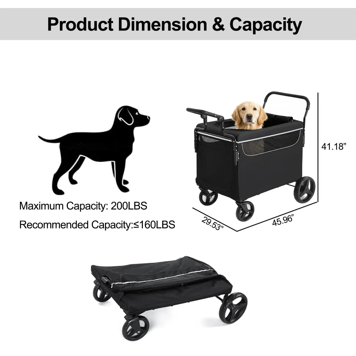 Heavy Duty Dog Pushchair Up To 50kg, Foldable Pet Stroller For Large Injured Senior Dogs, With 360° Wheels & Safety Lead