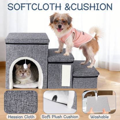 Foldable Cats Dogs Stairs with 3 Wider Steps Pet Stairs for Storage Climbing Resting and Playing