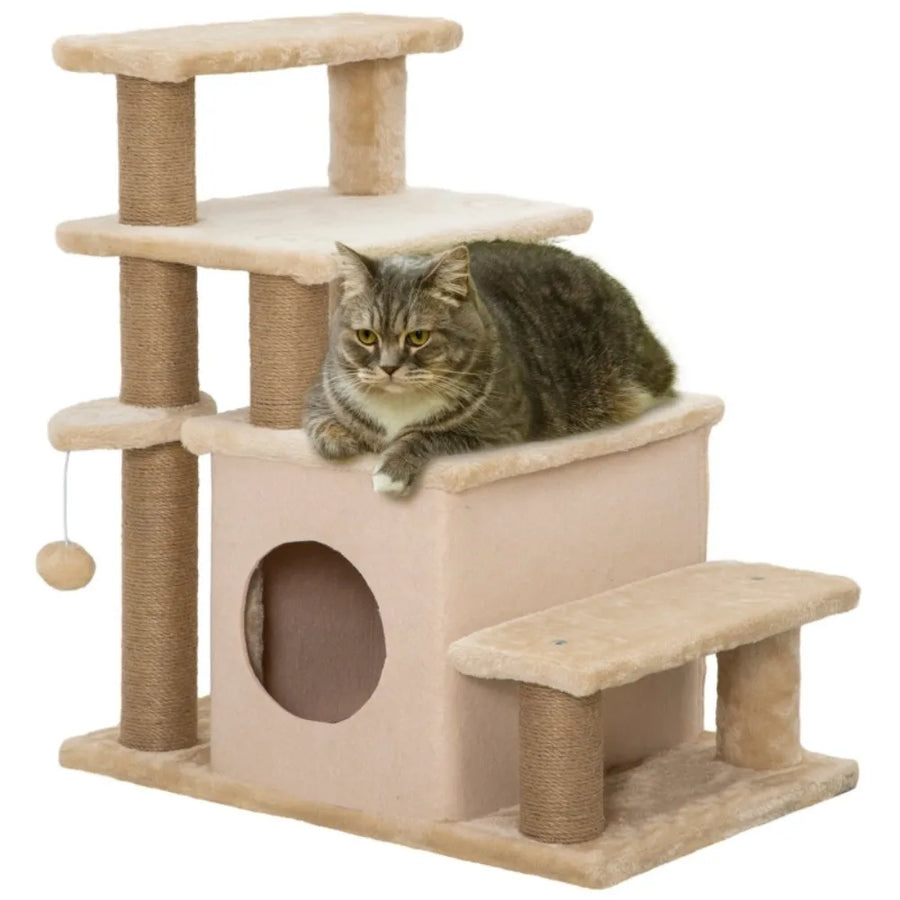 Cat Steps – Adjustable Cat Stairs with Cat House & Hanging Toy Ball for Indoor Cats