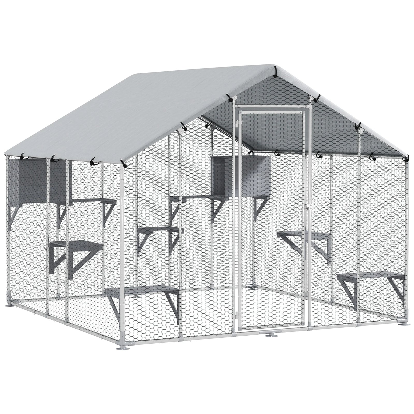 Large Outdoor Cat Enclosure – Weatherproof Cat Cage with 2 Houses, 7 Platforms & UV-Resistant Roof