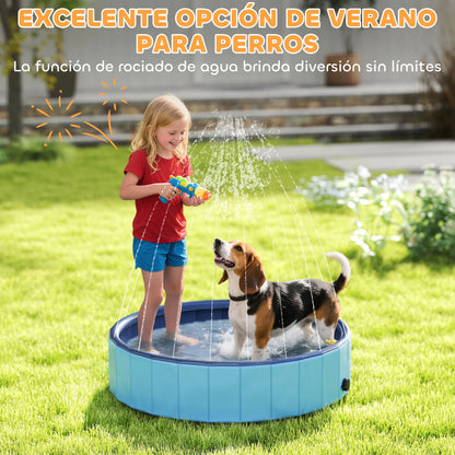 Pawhut Foldable Pool for Medium and Small Dogs with Resistant Non-Slip Pvc Sprinkler Ø100X30 cm Light Blue
