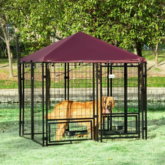 Outdoor Dog Kennel – Weatherproof Dog House with Rotating Bowl Holders & UV-Resistant Cover