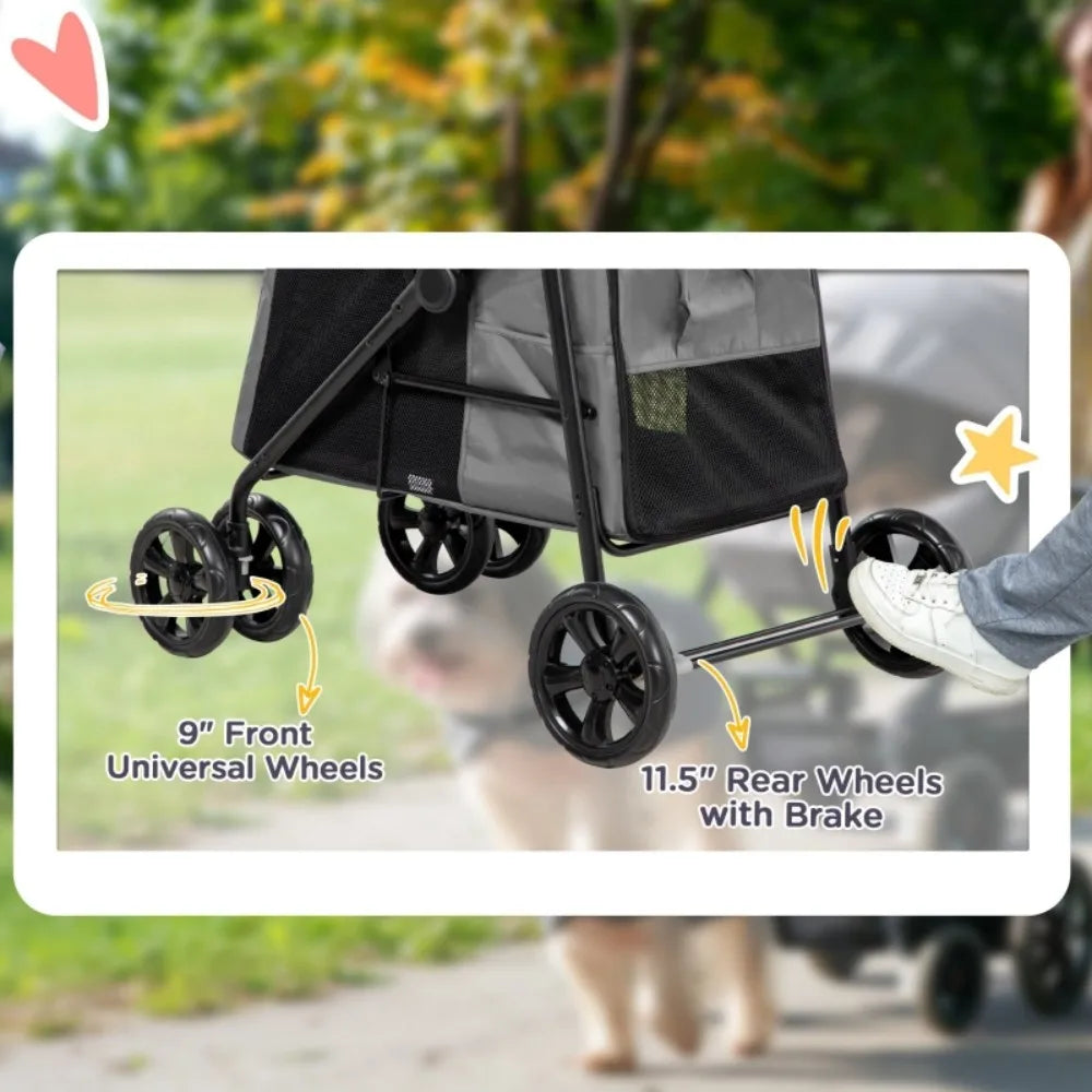 Foldable Pet Stroller One Click Dog Pushchair Cat Travel Carriage w/ EVA Wheels, Mesh Windows for Small Pets, Grey