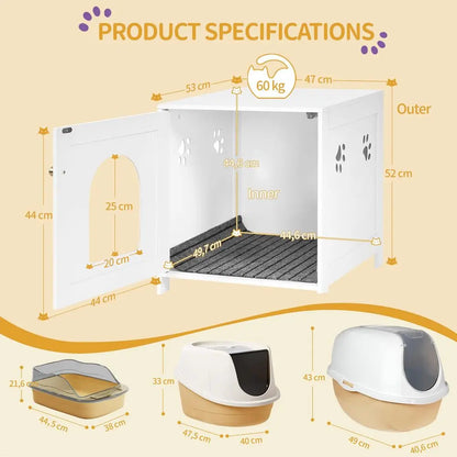 Cat Litter Box Enclosure, 52 cm L Hidden Litter Box Furniture, Wooden Indoor Pet House with Front Arched Door, Side End Table,