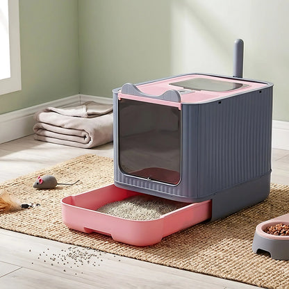 Multifunctional Cat Litter Box with Lid, Plastic Pet Toilet, Removable Litter Box, Large Cat Litter Box Hooded Litter Tray Drawer, UV Sterilization and Deodorization It Can Provide Your Cat with A Comfortable Place for Using The Toilet, 44.5x36.5x34.5cm,