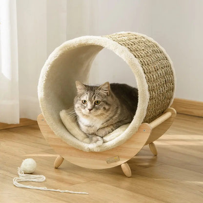 Raised Cat House Kitten Bed Pet Shelter Wrapped with Scratcher Soft Cushion, 41 x 38 x 43 cm, Beige