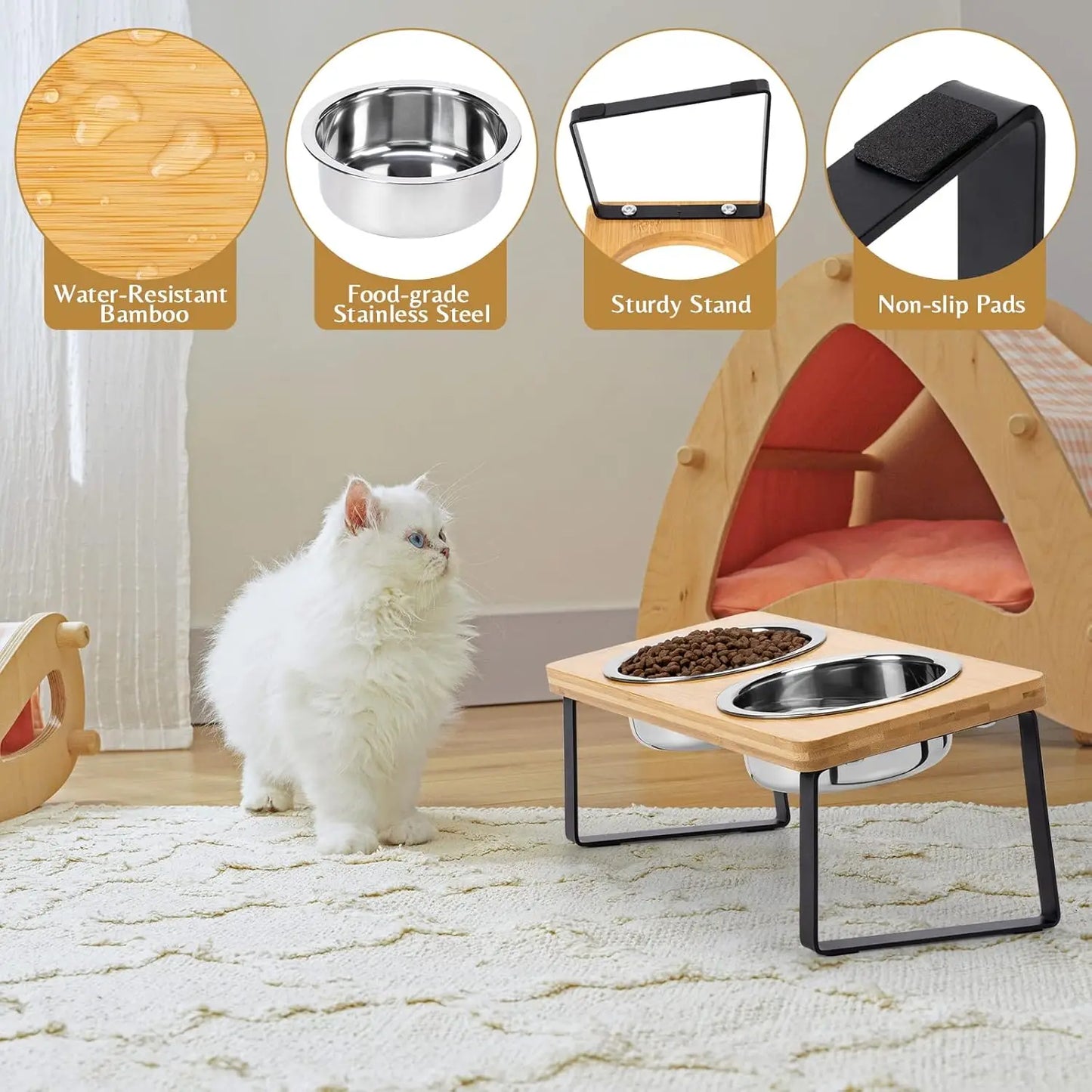 Elevated Cat Bowls Pet Feeder 15° Tilted Raised Cat Food Bowls with Wooden Stand Set of 2 Stainless Steel Bowl