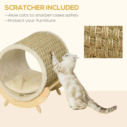 Raised Cat House Kitten Bed Pet Shelter Wrapped with Scratcher Soft Cushion, 41 x 38 x 43 cm, Beige