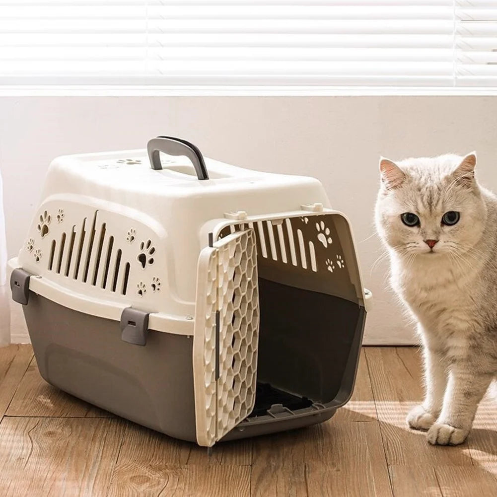 Pet Carrier Box Dog Transport Air Box Portable Cat Handheld Carrying Box with Breathable Window for Cats Dogs Beige 31x46x33cm