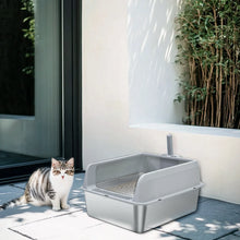 Stainless Steel Large Cat Litter Box Semi-Closed Cat Sandbox Potty with Scoop for Small/Medium Kittens,Odor-Proof,Easy Clean