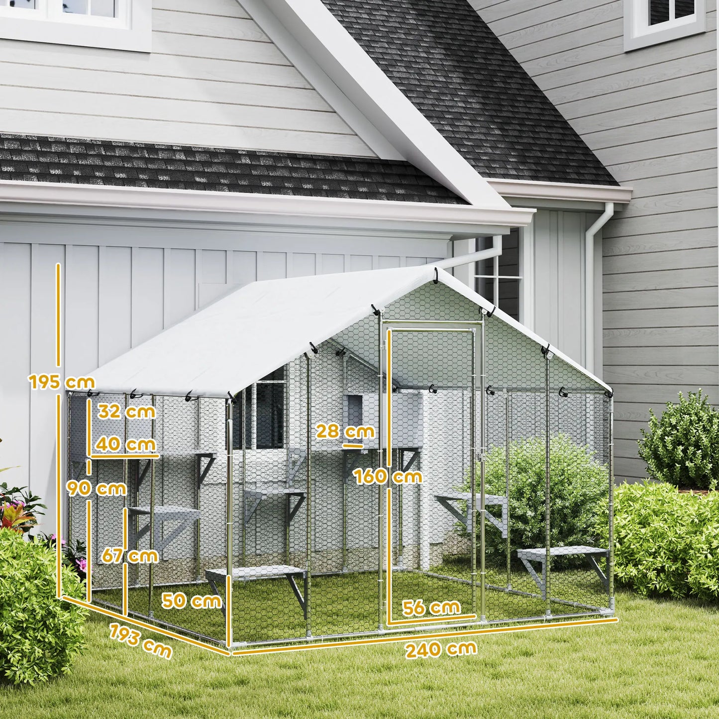 Pawhut Large Outdoor Cat Cage with 2 Houses and 7 Jumping Platforms Waterproof and Anti-Uv Cover 240X193X195 cm