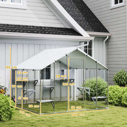 Pawhut Large Outdoor Cat Cage with 2 Houses and 7 Jumping Platforms Waterproof and Anti-Uv Cover 240X193X195 cm
