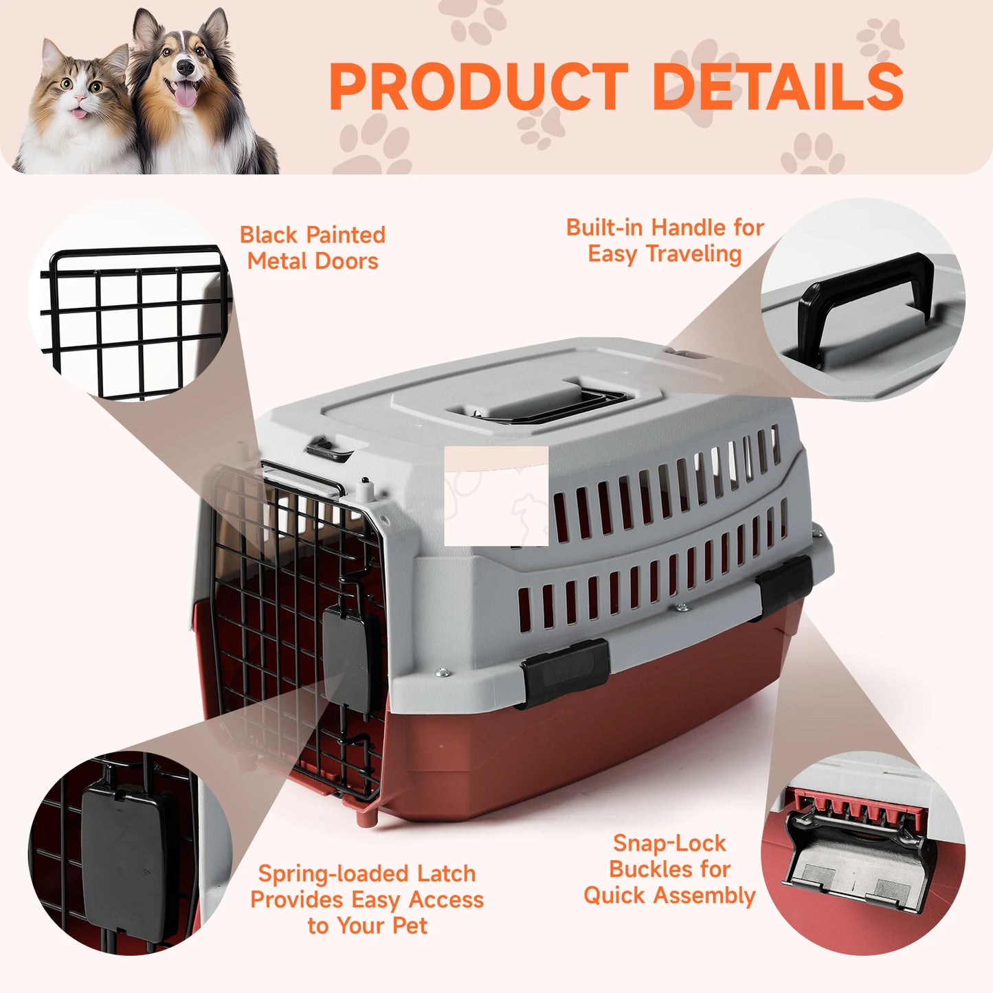 Nobleza Large Cat Dog Carrier, Portable and Breathable Dog Carrier for Cats, Pet Dogs Cats Accessories, Plastic Carrier, 68X48X42 Cm, Red & Gray