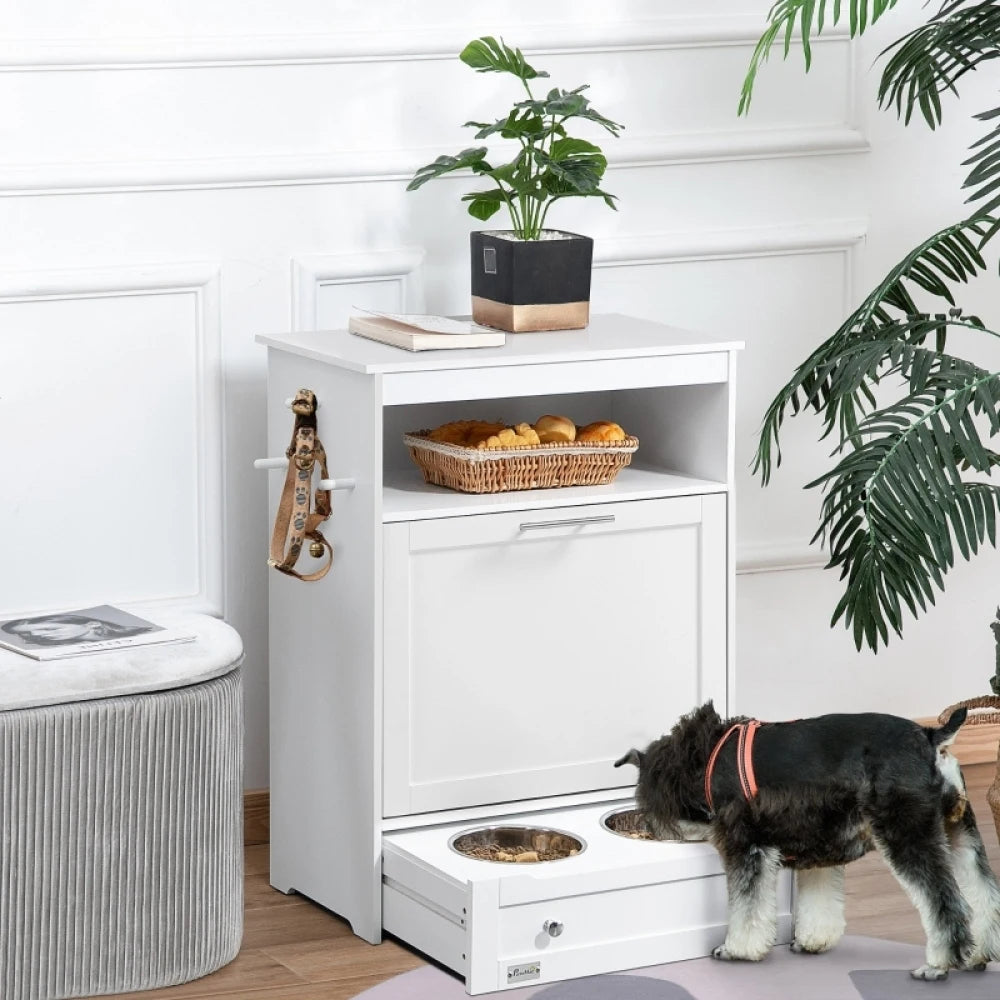 PINGGO Pet Feeder Station, Dog, Cat Storage Container, with Raised Bowls, Hanger, Cabinet Versatile and Easy to Manage - White