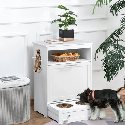 PINGGO Pet Feeder Station, Dog, Cat Storage Container, with Raised Bowls, Hanger, Cabinet Versatile and Easy to Manage - White