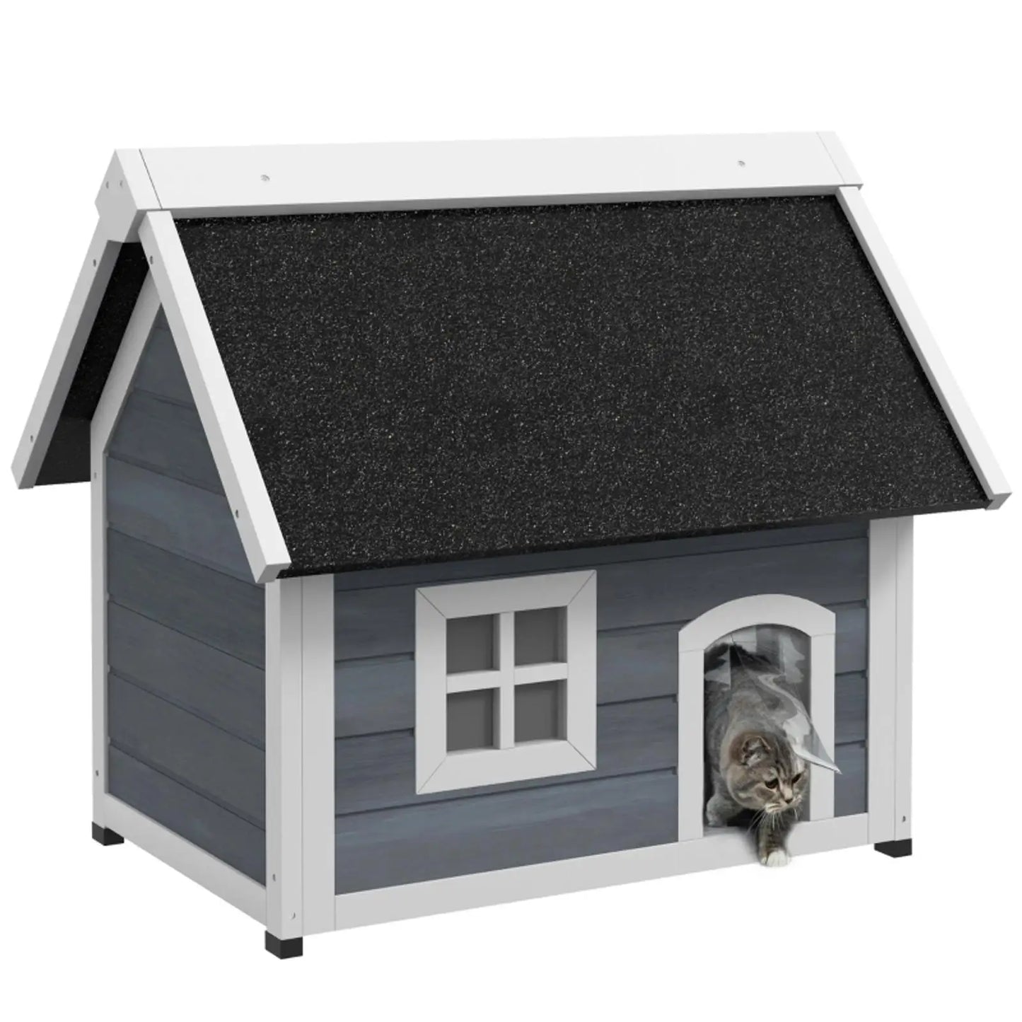 Grey Pet Beds Furniture Outdoor Wooden Cat House with Elevated Feet Openable Roof and Three Doors for Outside Cat Shelter