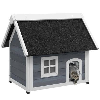 Grey Pet Beds Furniture Outdoor Wooden Cat House with Elevated Feet Openable Roof and Three Doors for Outside Cat Shelter