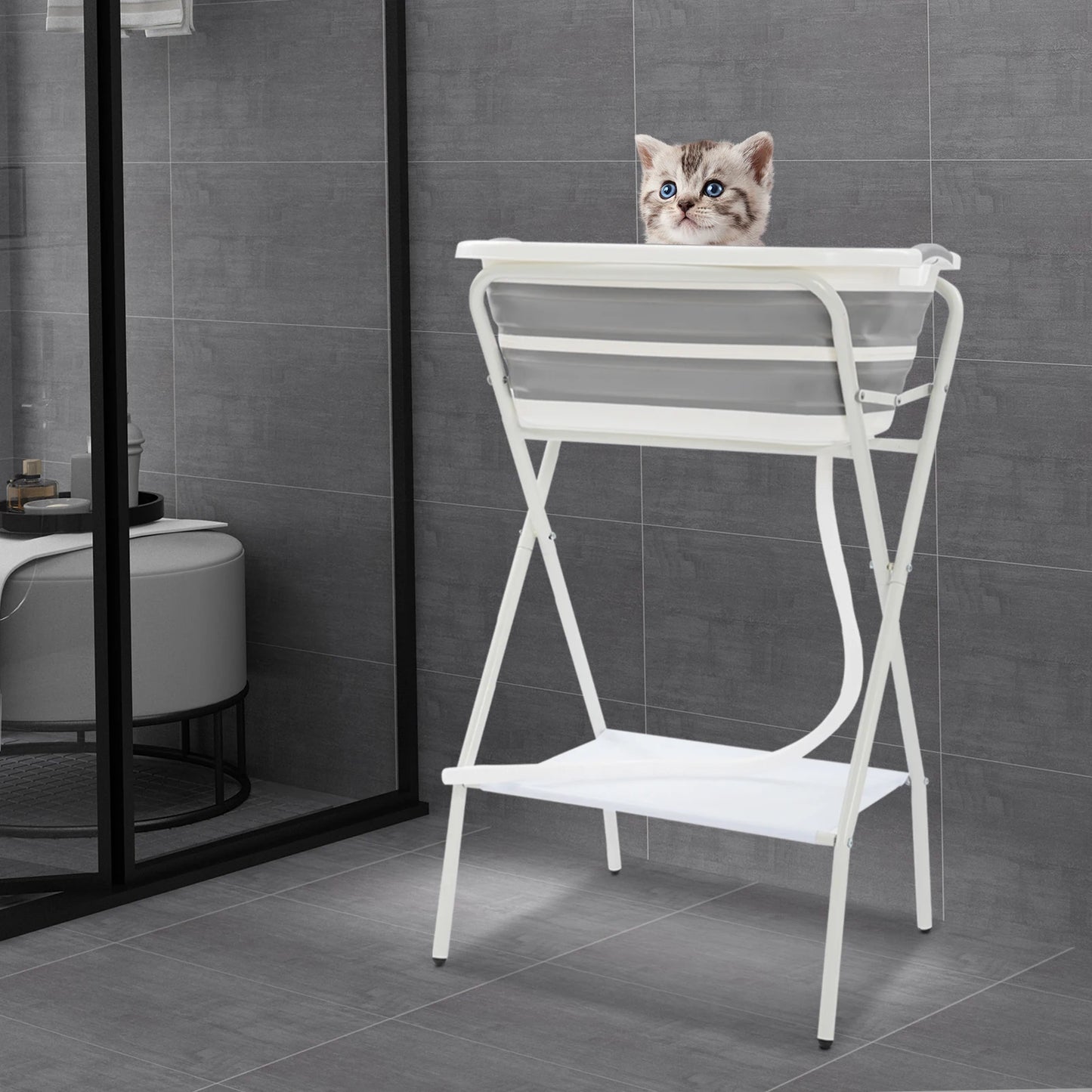 Foldable Small Pet Bathtub with Stand And Drainage Tube - Safety Belt Smooth Edge Storage Rack for Easy Cleaning And Use