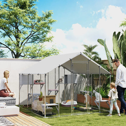 Pawhut Large Outdoor Cat Cage with 2 Houses and 7 Jumping Platforms Waterproof and Anti-Uv Cover 240X193X195 cm