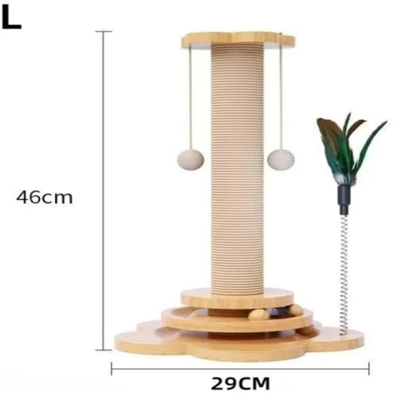 Cat Scratching Post, 4-in-1 Wooden Cat Scratching Toy, 46cm Tall Scratching Post with Horizontal Cat Tracking Ball and 2 Ball