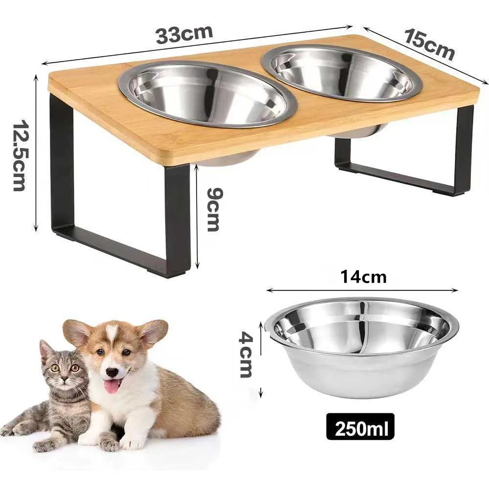 Elevated Cat Bowls Pet Feeder 15° Tilted Raised Cat Food Bowls with Wooden Stand Set of 2 Stainless Steel Bowl