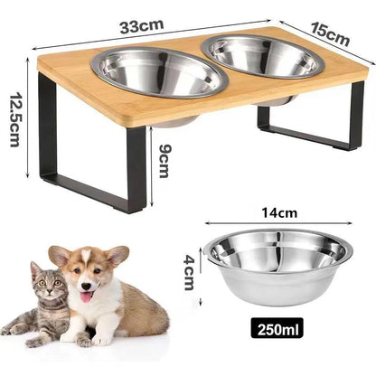 Elevated Cat Bowls Pet Feeder 15° Tilted Raised Cat Food Bowls with Wooden Stand Set of 2 Stainless Steel Bowl