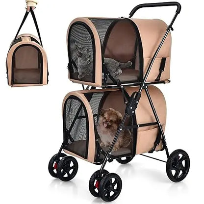 Double Pet Stroller with 2 Removable Carrying Bags, Safety Strap, 4 Lockable Wheels, Foldable Cat and Dog Stroller