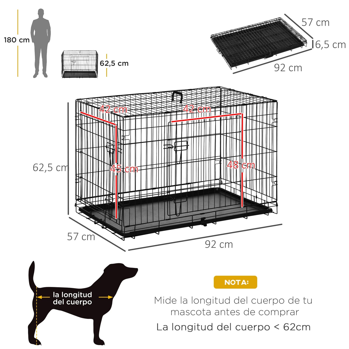 Pawhut Foldable Dog Cage Dog Carrier with 2 Doors Removable Tray Carrying Handle 92X57X62.5 cm Black
