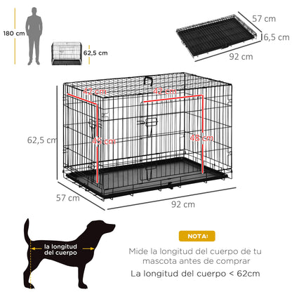 Pawhut Foldable Dog Cage Dog Carrier with 2 Doors Removable Tray Carrying Handle 92X57X62.5 cm Black