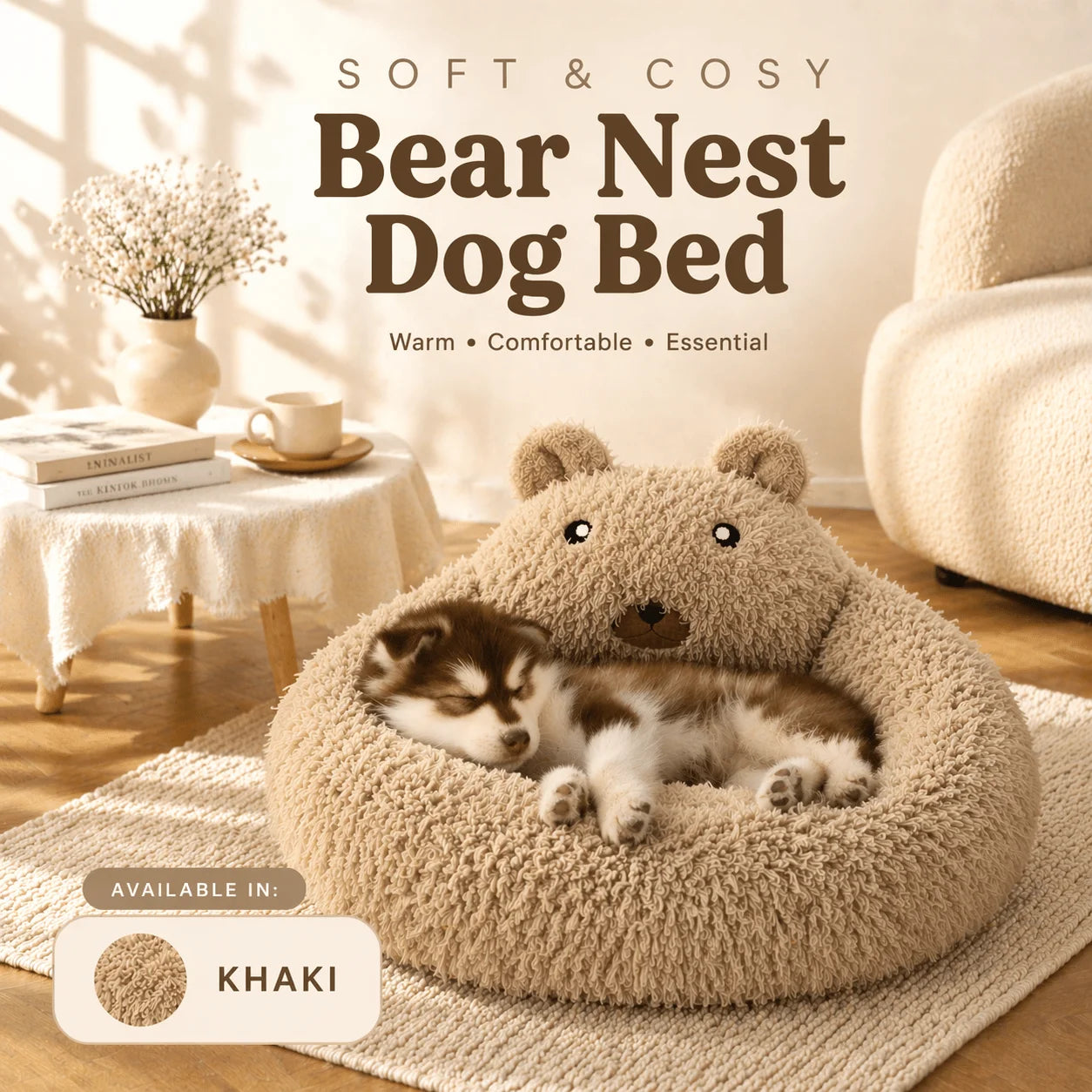 Luxury Bear Nest Pet Bed for Dogs & Cats, Super Soft Plush Calming Bed, Thick Cushion, Removable Washable Cover, Waterproof Inner Lining, Anti-Slip Bottom, Warm Cozy Sleep Bed for Small Medium Pets