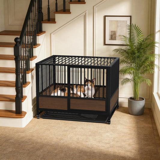 Heavy Duty Dog Crate - Rolling Pet Kennel with Removable Tray & Wheels