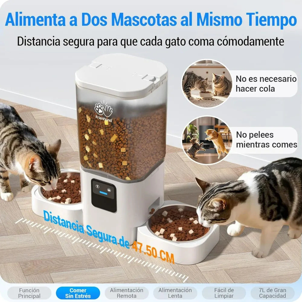 Dual Automatic Cat Feeder WiFi 7L Slow Feeding Pet Food Dispenser with App Control Alexa Compatible for Multiple Pets Detachable