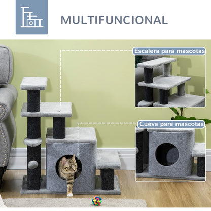 Pawhut Pawhut 4-Step Cat Stairs Adjustable Pet Step with Cave and Hanging Ball 60X40X66 cm Gray