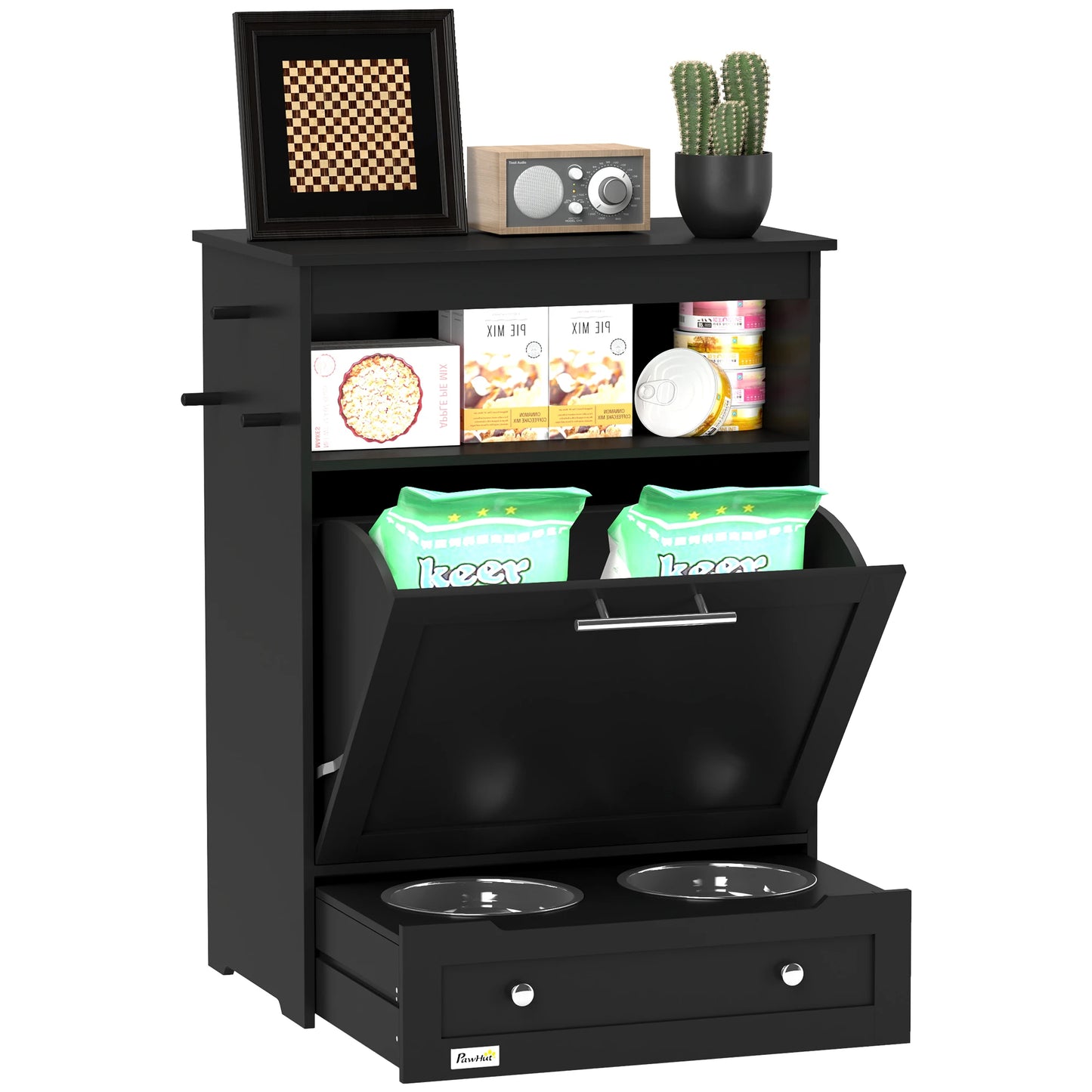 Pet Feeder Station, Dog, Cat Storage Container, with Raised Bowls, Hanger, Cabinet - Black