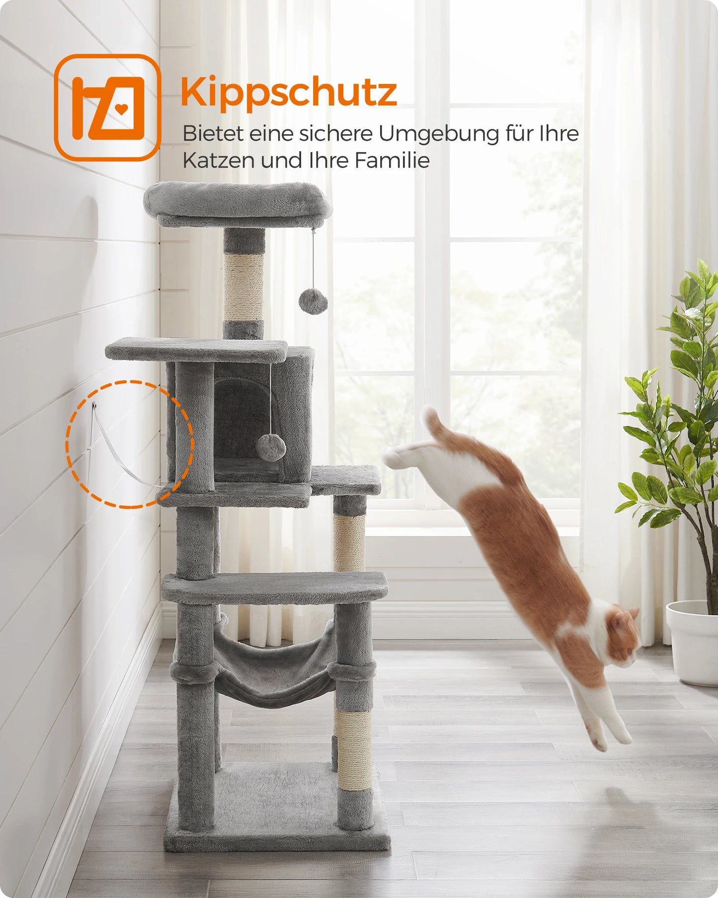 Feandrea scratching post, 143 cm high, cat tree, multi-storey cat house, with 4 scratching pillars, 2 platforms, hammock, Cave