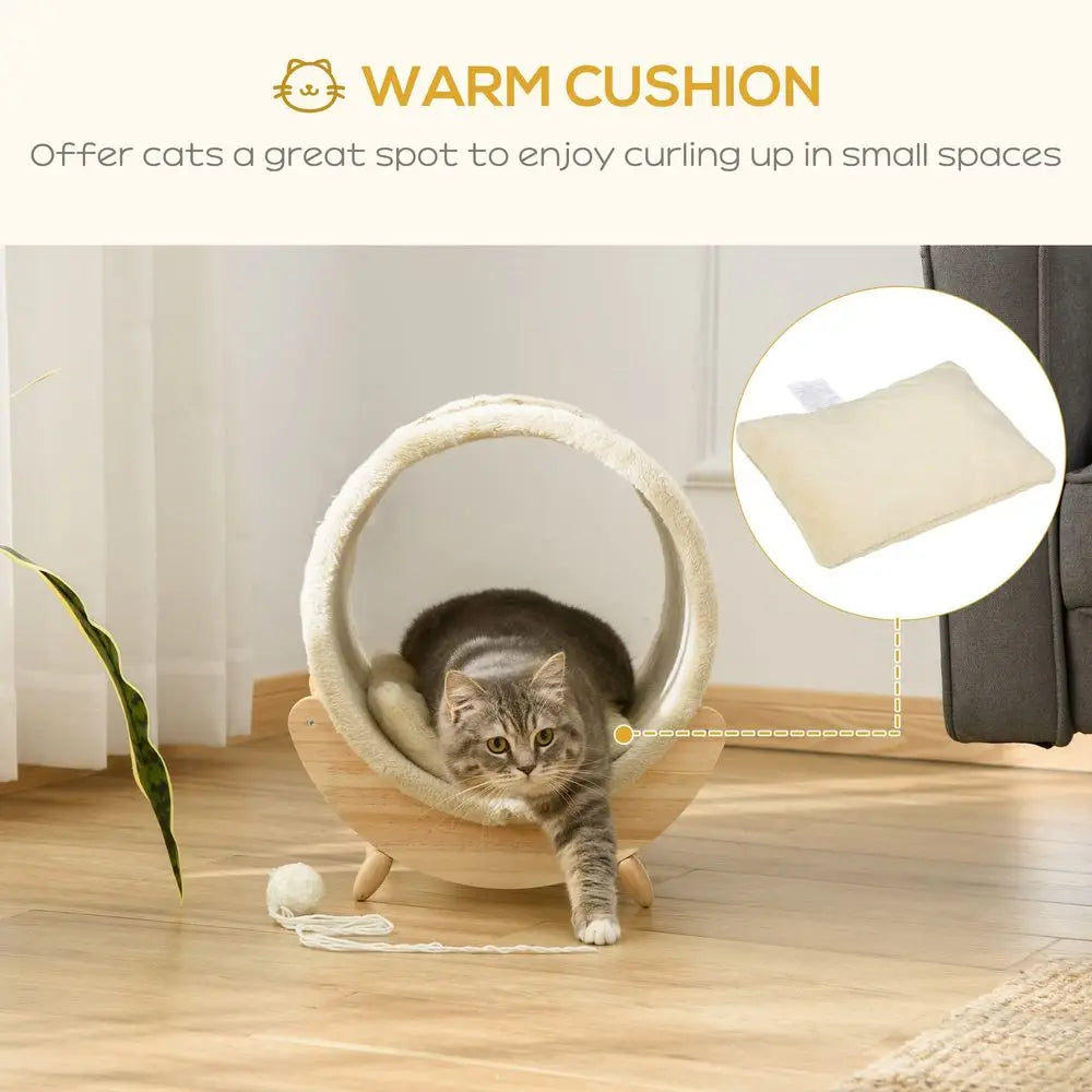 Raised Cat House Kitten Bed Pet Shelter Wrapped with Scratcher Soft Cushion, 41 x 38 x 43 cm, Beige
